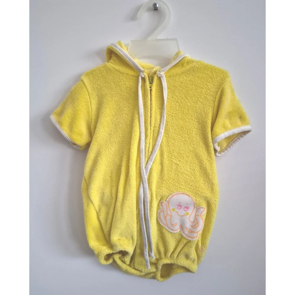 Carter's Hooded Romper Kids 12M Yellow Good Vintage Terry Cloth Octopus Patch